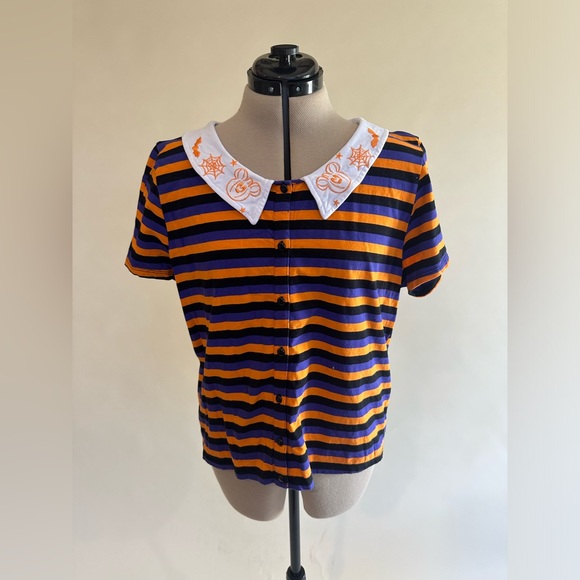 Her Universe Mickey Disney Halloween Striped Shirt Embroidered Collar Size XL - Picture 1 of 5